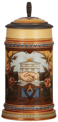 Mettlach stein, .5L, 1819, etched, by C. Warth, Masonic, inlaid lid, mint.