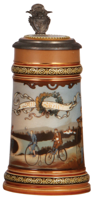 Mettlach stein, .5L, 2190, etched, inlaid lid, safety and high-wheel bicycles, tight 2" hairline in rear. 