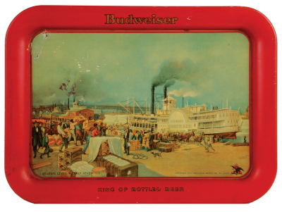 Anheuser-Busch advertising tray, 7.5" x 12.7", Budweiser King of Bottled Beer, St. Louis Levee in Early Seventies, marked: made by Amer. Can Co., litho. in U.S.A., copyright 1914, scratches and blemishes.