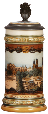 Mettlach stein, .5L, 1863, etched, Stuttgart, custom inlaid lid: Hotel & Wirtschafts wesen Stuttgart 1897, mint.            