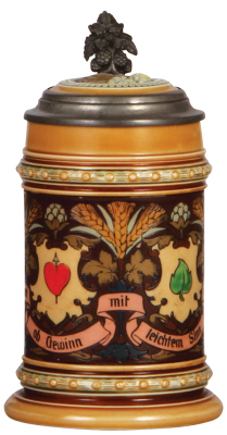 Mettlach stein, .5L, 1394, etched, inlaid lid, mint.