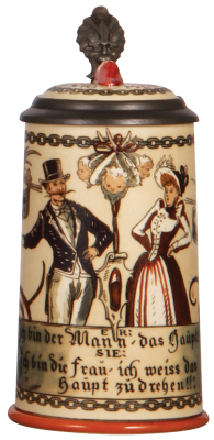 Mettlach stein, .5L, 2050, etched, The Slipper Stein, inlaid lid, small flake on top rim, covered by closed lid.