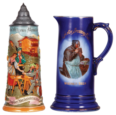 Pottery stein & pitcher, 1.5L, 13.5'' ht., relief, marked J. W. R., by J.W. Remy, 875, Joliet Citizens Brewing Co., pewter lid, a little base wear; with, 12.0'' ht., transfer & hand-painted, marked Brunt Art Ware, Porter Brewing Co., Joliet, IL, Wiener Be