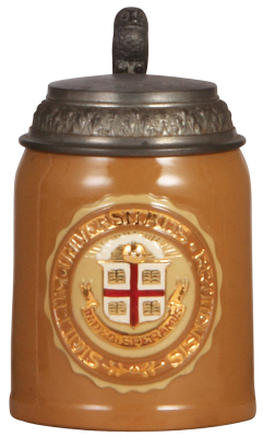 Mettlach stein, .5L, 2772, relief, Brown University, pewter lid, mint.