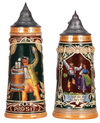 Two pottery steins, 1.0L, relief, E. Porter Brewing Co., Joliet, IL, pewter&nbsp;lid, mint; with, 1.0L, relief, E. Porter Brewing Co., Joliet, IL., pewter lid,&nbsp;mint.