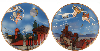 Pair Mettlach plaques, 18.5" d., 2769 & 2770, etched, by H. Schlitt, Night & Day, minimal gold wear, otherwise mint.