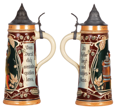 Two pottery steins, 1.0L, relief, E. Porter Brewing Co., Joliet, IL, pewter lid, mint; with, 1.0L, relief, E. Porter Brewing Co., Joliet, IL., pewter lid, mint. - 2