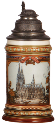 Mettlach stein, .5L, 1915, etched & transfer, by Warth, Cölner Dom, original pewter lid, mint.