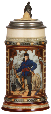 Mettlach stein, .5L, 1724, etched, Fireman, by C. Warth, inlaid lid, mint.