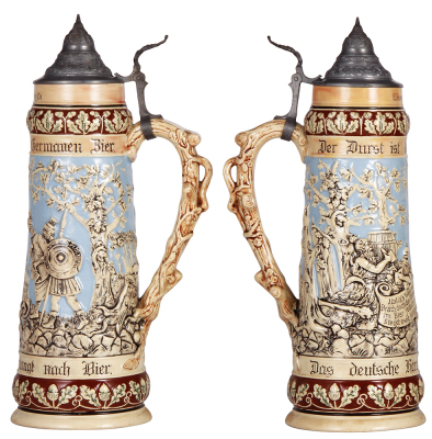 Two pottery steins, 2.0L, 15.6'' ht., relief, 945, E. Porter Brewing Co., pewter lid, hairlines repaired, color change; with, 2.0L, 14.4'' ht., relief, 79, Joliet Citizens Brewing Co., pewter lid has hole in finial, body mint. - 2