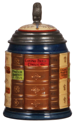 Mettlach stein, .5L, 2001A, decorated relief, Law Book Stein, inlaid lid mint.