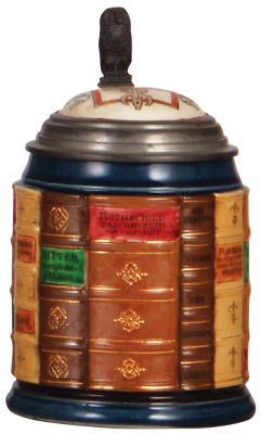 Mettlach stein, .5L, 2001K, decorated relief, Banking Book Stein, inlaid lid, mint.