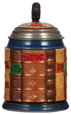 Mettlach stein, .5L, 2001H, decorated relief, Forestry Book stein, inlaid lid, visually perfect pewter repair, otherwise mint.