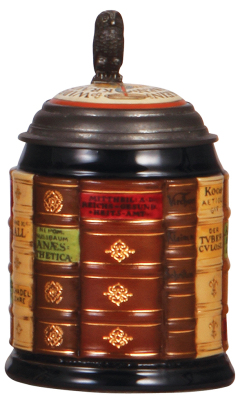 Mettlach stein, .5L, 2001B, decorated relief, Medical Book Stein, inlaid lid, mint.