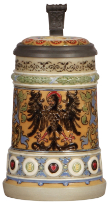 Mettlach stein, .5L, 1130, etched, inlaid lid with Munich Child, mint.