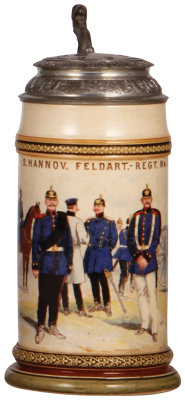 Mettlach stein, .5L, 882 [2140], PUG, Feld Artl. Regt. Nr. 26, old pewter lid is an old replacement, body mint.    