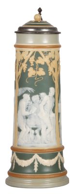 Mettlach stein, 2.5L, 16.3" ht., 2688, cameo, by J. Stahl, inlaid lid, mint.