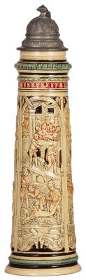 Pottery stein, 13.6" ht., relief, #48, by Dümler & Breiden, scenes from Lazarus, pewter lid with visually perfect pewter repair, otherwise mint. 