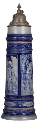 Stoneware stein, 14.9" ht., relief, marked Gerz, #239, blue saltglaze, Frühling, Sommer, Herbst, Winter, pewter lid with visually perfect pewter repair, otherwise mint.