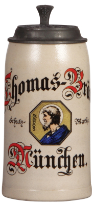 Stoneware stein, 1.0L, transfer, marked M. & W. Gr., Thomas-Bräu, München, relief pewter lid: Bierbrauerei Thomasbräu, München, mint. 