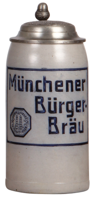 Stoneware stein, 1.0L, impressed, Münchener Bürger-Bräu, impressed pewter lid: Münchener Bürger-Bräu, mint.