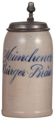 Stoneware stein, 1.0L, incised, blue saltglaze, early 1900s, Münchener Bürger-Bräu, impressed pewter lid: Münchener Bürger-Bräu, mint.