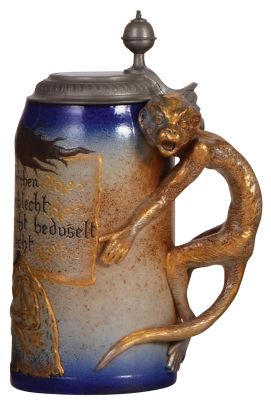 Stoneware stein, 1.0L, relief, marked Sarreguemines, 2717, University monkey design, designed by Victor Kramer, pewter lid, mint.