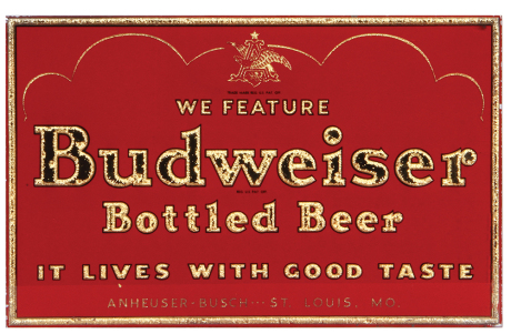 Anheuser-Busch embossed glass advertising window, 14.9" x 9.5", Budweiser Bottled Beer, gold and red reverse painted, marked: R.M.P., Raymond M. Price and Assoc., Chesterton, Indiana, very good condition.