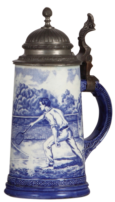 Pottery stein, .5L, marked Royal Bonn Delft, tennis game, hairline, excellent pewter repair.