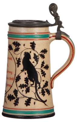 Stoneware stein, 1.0L, hand-painted, marked Sältzer, verse, cats on sides, inlaid lid with relief brass medallion: Heidelberg, hairline on side.    