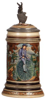 Pottery stein, .5L, relief, high-wheel bicycle, inlaid lid: Deutscher Rad-Fahrer Bund, mint.