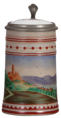 Stoneware stein, 6.5" ht., hand-painted, by Sältzer, unknown castle and lake, porcelain inlaid lid, mint.    