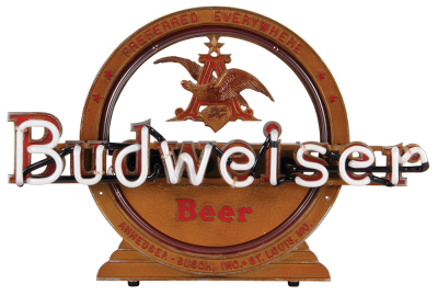 Anheuser-Busch neon lamp, 16.7" x 25.0" x 7.0", Anheuser-Busch, St. Louis, MO, Budweiser Beer, serial number 48352, glass professionally replaced and working, red and white colors, some paint flaking, otherwise very good condition.