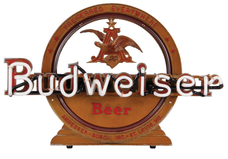 Anheuser-Busch neon lamp, 16.7" x 25.0" x 7.0", Anheuser-Busch, St. Louis, MO, Budweiser Beer, serial number 48352, glass professionally replaced and working, red and white colors, some paint flaking, otherwise very good condition.