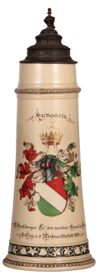 Pottery stein, 3.0L, 17.8" ht., transfer & hand-painted, marked 1301, coat-of-arms, Hungaria, Weihnachtsfest 1899, Familie Steiner, pewter lid, gold wear, otherwise good condition.