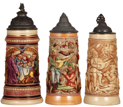 Three Diesinger steins, pottery, .5L, 119, relief; with, .5L, 778, relief, lid tear; with, .5L, 778, relief, lid dent, all have pewter lids, very good condition.