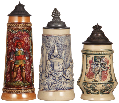 Three Diesinger steins, pottery, 9.7" ht., 602, relief; with, .5L, 759, relief, lid dented & tear; with, .5L, relief, dent, all have pewter lids, very good condition.