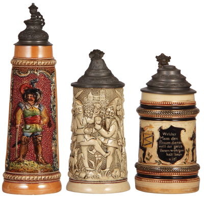 Three Diesinger steins, pottery, 10.9" ht., 602, relief; with, .5L, 171, relief, lid dented & tear; with, .5L, threading, a little gold wear, all have pewter lids, very good condition.