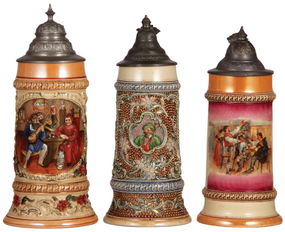 Three Diesinger steins, pottery, .5L, 37, relief lid tear; with, .5L, 18, relief, lid dented; with, .5L, transfer & hand-painted, lid dented & tear, all have pewter lids, very good condition.