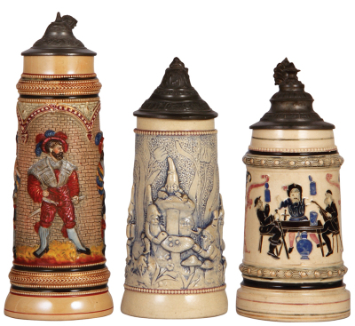 Three Diesinger steins, pottery, 10.4" ht., relief; with, .5L, 759, lid dents & torn; with, .5L, 1222, threading, a little gold wear, all have pewter lids, very good condition.