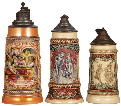 Three Diesinger steins, pottery, 1.0L, 195, relief; with, .5L, 529, relief; with, .4L, relief, lid dent & tear, all have pewter lids, very good condition.