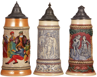 Three Diesinger steins, pottery, 1.0L, 79, relief; with, .5L, 32, relief, lid tear; with, .5L, relief, all have pewter lids, very good condition.