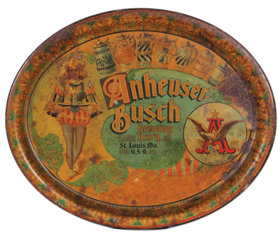 Anheuser-Busch advertising tray, 18.5" x 15.1", Anheuser-Busch Brewing Ass'n., St. Louis, MO, U.S.A., marked: C.W. Shonk, Co. Litho. Chicago, copyright 1898, surface rust and flaking.