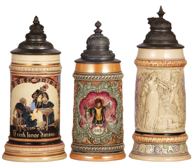 Three Diesinger steins, pottery, .5L, threading; with, .5L, relief; with, .5L, 22, relief, all have pewter lids, very good condition.