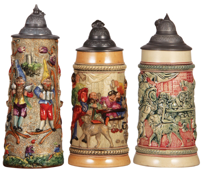 Three Diesinger steins, pottery, 1.0L, 790, relief, lid bent; with, 1.0L, 80, relief, lid tear; with, 1.0L, 80, relief, lid tear, all have pewter lids, very good condition.