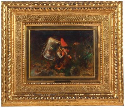 Heinrich Schlitt painting, 9.5" x 6.9", frame 17.7" x 15.1", oil on panel, panel marked Wimmer & Co., KGL. Bayer. Hofkunsthandlung München Briennerstrasse 3., artist signed lower right Heinrich Schlitt, dwarf carrying jar with two frogs, frog and dragonfl