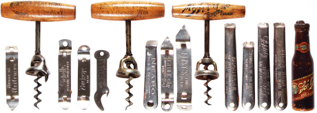 Fifteen cork screws & bottle openers, John Gund Brewing Co., Minn. Brewing Co., McAron Brewing Co., Chic., Schlitz Beer, Leisy’s, Ekco-Chic., Nearo, Dick & Bros., Quincy, Schmidt’s of Phil., Brewers since 1860, Shell’s Please, Dick’s Beer, Dick Brothers B