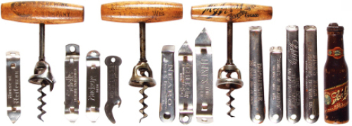 Fifteen cork screws & bottle openers,&nbsp;John Gund Brewing Co.,&nbsp;Minn. Brewing Co.,&nbsp;McAron Brewing Co., Chic.,&nbsp;Schlitz Beer,&nbsp;Leisy&rsquo;s, Ekco-Chic.,&nbsp;Nearo, Dick & Bros., Quincy, Schmidt&rsquo;s of Phil., Brewers since 1860,&nbsp;Shell&rsquo;s Please,&nbsp;Dick&rsquo;s Beer, Dick Brothers B