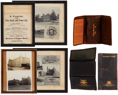 Seven photos & document holders, 2.4'' x 4.7'' to 10.5'' x 8.6'', various materials, six items from E. Porter Brewing Co. one from Fred Sehring Brewing Co. good used condition.