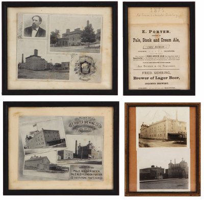 Seven photos & document holders, 2.4'' x 4.7'' to 10.5'' x 8.6'', various materials, six items from E. Porter Brewing Co. one from Fred Sehring Brewing Co. good used condition. - 2